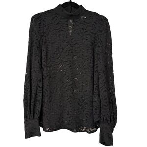 H&M Black Lace Mock Neck Long Sleeve Puff Sleeve Blouse Womens XS